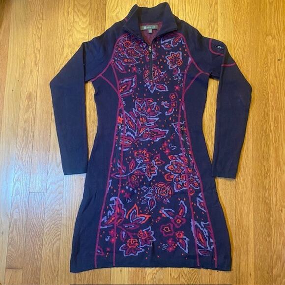 Title Nine Womens Small Purple Floral Merino Wool Quarter Zip Sweater Dress - Picture 1 of 9